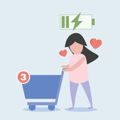 lovely woman , girl shopping with shopping cart. feel happy heal herself same charge power battery life, Decoration for online shopping. sale festival ,online banner. Vector illustration paper art.