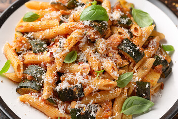 Zucchini penne pasta with parmesan cheese, basil and tomato. Healthy food