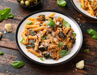 Zucchini penne pasta with parmesan cheese, basil and tomato. Healthy food