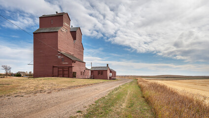 Old grain elevator on the prairie at the town of Rowley, Alberta