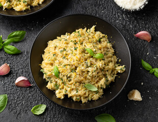 Creamy Garlic and parmesan orzo pasta with lemon zest and parsley