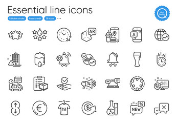 Euro money, Augmented reality and Internet chat line icons. Collection of Star, Scroll down, Approved icons. Quality, Sale megaphone, Statistics web elements. Delivery, Food app. Vector