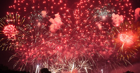 Red Firework celebrate anniversary happy new year 2023, 4th of july holiday festival. red firework in night time celebrate national holiday. Countdown to new year 2023 festival party time event