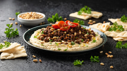 Hummus with spiced ground beef, olive oil, tomatoes and toasted pine nuts