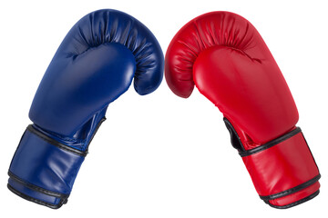 Two boxing gloves, blue and red, on a white background, touch with fingers, isolate