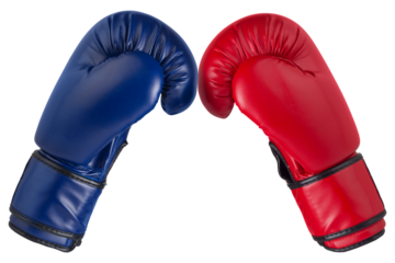Two boxing gloves, blue and red, on a white background, touch with fingers, isolate