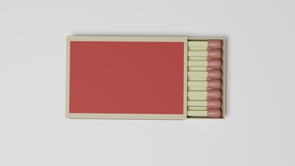 Half opened paper matchbox with wooden red matches isolated on white surface. 3D render