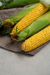Close up of sweet corn on cob top view on textile copy space