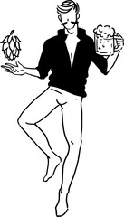 Man with beer and hop cone. Simple line drawing vector illustration.
