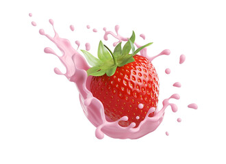 milk or yogurt splash with strawberries isolated on white background, 3d rendering.