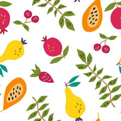 Obraz premium Hand drawn summer fruits seamless pattern. Cherry, pomegranate, papaya, pear, strawberry and palm leaves.