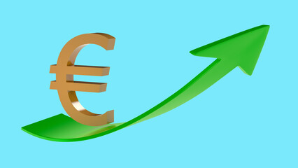 Gold plated euro symbol slides up a green arrow pointing up on a light blue background with space for text or logo. 3D rendering.
