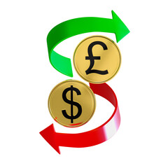 Gold-plated coins with Dollar and Pound Symbols surrounded by two arrows, green pointing up and red pointing down, on a white background. 3D rendering. Finance concept. Isolated