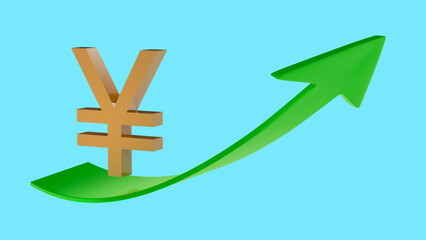 Gold plated yen symbol slides up a green arrow pointing up on a light blue background with space for text or logo. 3D rendering.