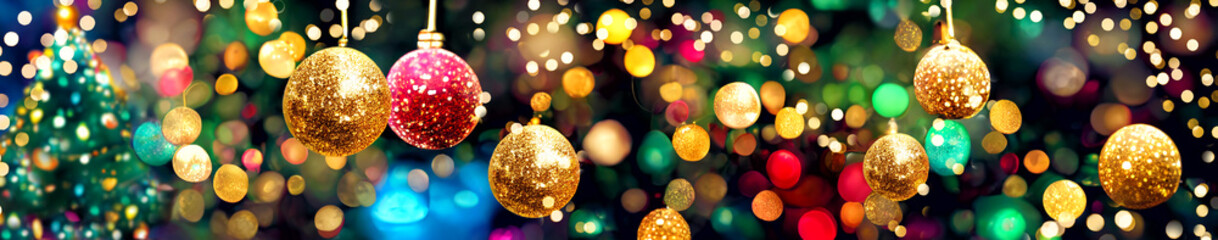 Fototapeta premium Christmas banner decoration garland baubles balls ornaments bokeh lights. 3D rendering