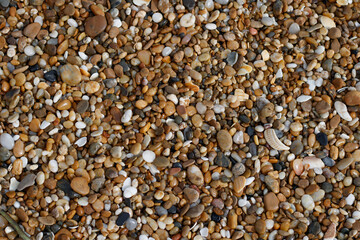 Close up on the sand of a beach in France. The sand is made of white, black and orange small pebbles and pieces of shells.