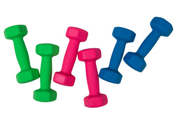 Three pairs of colored dumbbells, pink, blue and green, as if levitating, on a white background,...