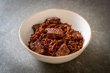 Jjapaguri or Chapaguri, Korean Black Beans Spicy Noodles with Beef