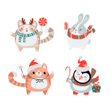 Greeting card with Christmas animals: cats and rabbit © Maria
