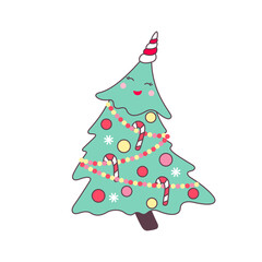 Cute kawaii character Christmas tree isolated on white background.