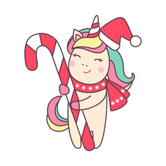 Christmas kawaii character unicorn in santa claus hat with candy cane isolated on white background.