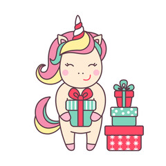 Christmas kawaii character unicorn with gifts isolated on white background.