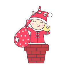 Christmas kawaii character unicorn in santa claus costume with sack of gifts in chimney isolated on white background.