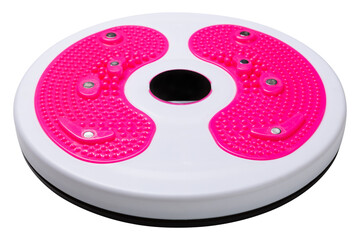 rotary disk simulator, with pink overlays, for training the abdominal muscles, on a white background