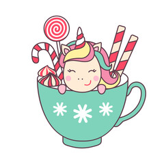 Christmas kawaii character unicorn in cup with lollipops and candy cane isolated on white background.