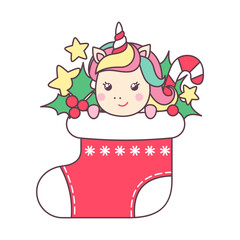 Christmas kawaii character unicorn in santa's sock with candy cane isolated on white background.