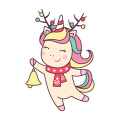Christmas kawaii character unicorn with deer horns and bell isolated on white background.