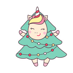 Cute kawaii character unicorn in Christmas tree costume with lights isolated on white background.