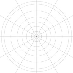 Obraz premium Polar grid with 7 concentric circles, 12 radial dividers, 30 degrees steps. Mandala template. Isolated png illustration, transparent background. Asset for pattern, overlay, montage. Design concept. 