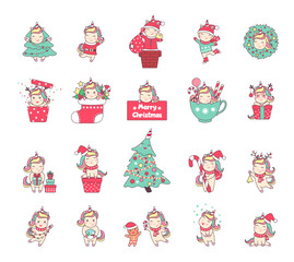 Set of Christmas kawaii character unicorns isolated on white background.