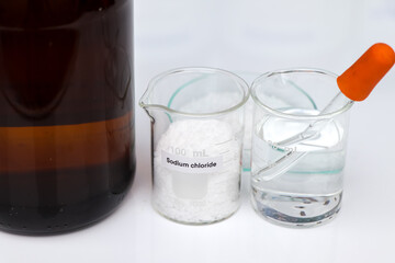 Sodium chloride in glass, chemical in the laboratory and industry