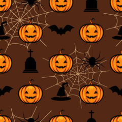 Halloween seamless pattern with pumpkin scary face. Seasonal celebration abstract surface. Halloween character vector illustration.