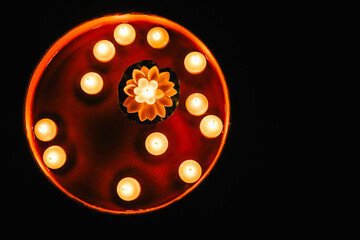 Special Lights Of Happy Diwali! Rangoli With Lights and Water. Family Special Event Holidays. Festival of Lights. Black Background   