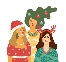 Christmas and Happy New Year isolated illustration with people in carnival costumes. Vector design