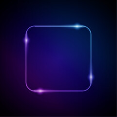 Neon Frame with Glow, and Sparkles. Electronic Luminous Rounded Square Frame in Blue Colors, for Entertainment Message or Promotion Theme on Dark