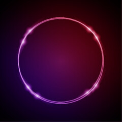 Neon Frame with Glow, and Sparkles. Electronic Luminous Circle Frame in Pink Colors, for Entertainment Message on Dark Backdrop
