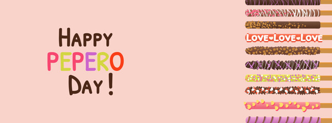 Happy pepero day background vector illustration with copy space for text. Assorted chocolate dipped pepero sticks. Celebration colorful text. Vector illustration