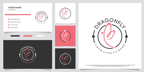 Minimalist butterfly or dragonfly logo design with business card Premium Vector