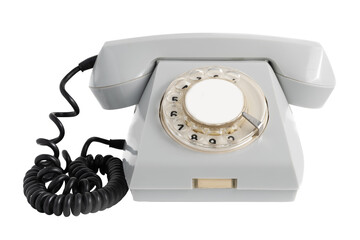 Old disused landline gray colored telephone close-up isolated on white transparent background without shadow
