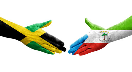 Handshake between Equatorial Guinea and Jamaica flags painted on hands, isolated transparent image.