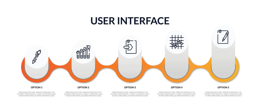 Set Of User Interface Outline Icons With Infographic Template. Thin Line Icons Such As Pen Filled Writing Tool Thin Line, Bars Chart Interface Ascending Thin Line, Play Files On Checkered Background