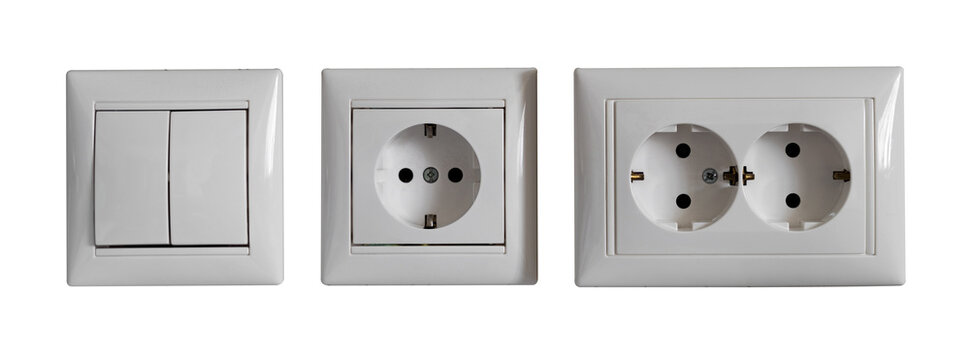 White electrical outlet and switch isolated on white transparent background without shadow