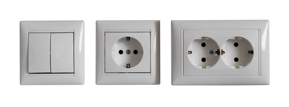 White electrical outlet and switch isolated on white transparent background without shadow