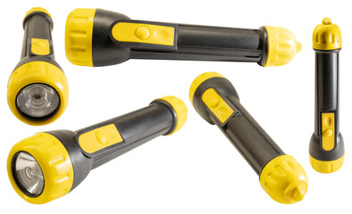 A set of several pocket portable flashlights from different angles view from the left, right,...