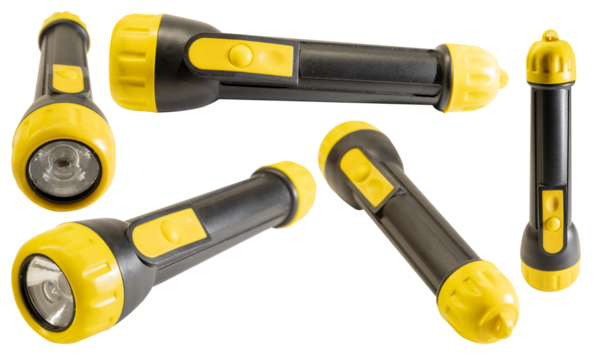 A set of several pocket portable flashlights from different angles view from the left, right, front, back, side without shadow close-up isolated on a white transparent background.