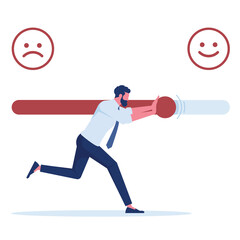 Businessman pushing satisfaction or loading progress level bar slider between smiley and upset customer face. Rating or review ranking bar, feedback rate emoticon illustration concept